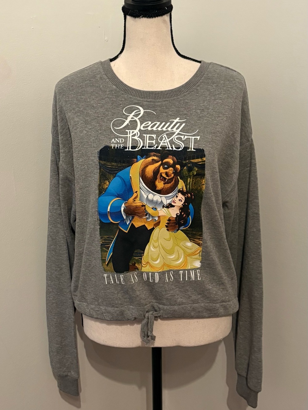 Disney Beauty and the Beast Graphic Tie-Hem Sweatshirt - Grey Cropped Size XS